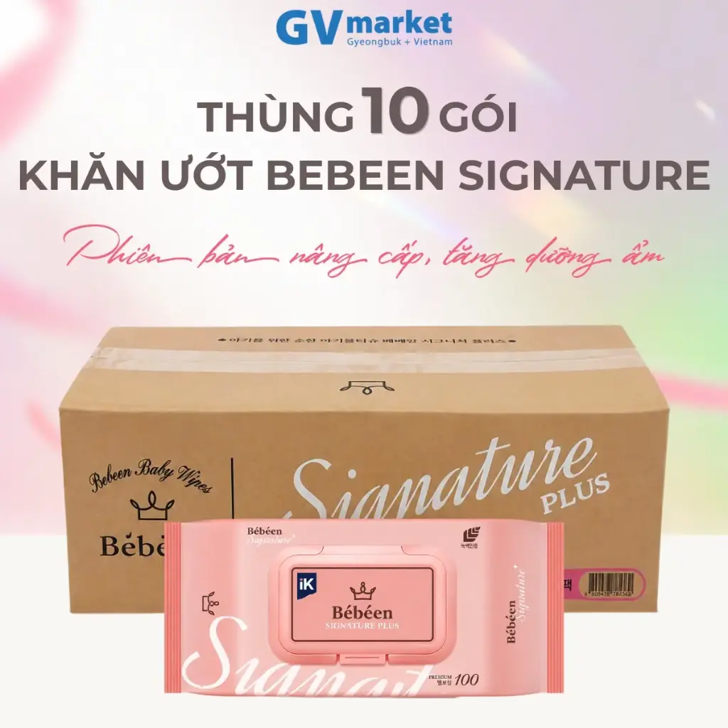 1 Thùng 10 Gói Khăn Ướt Cao Cấp BEBEEN Signature Plus 100 Tờ Hàn Quốc Không Cồn Dịu Nhẹ Cho Trẻ Sơ Sinh